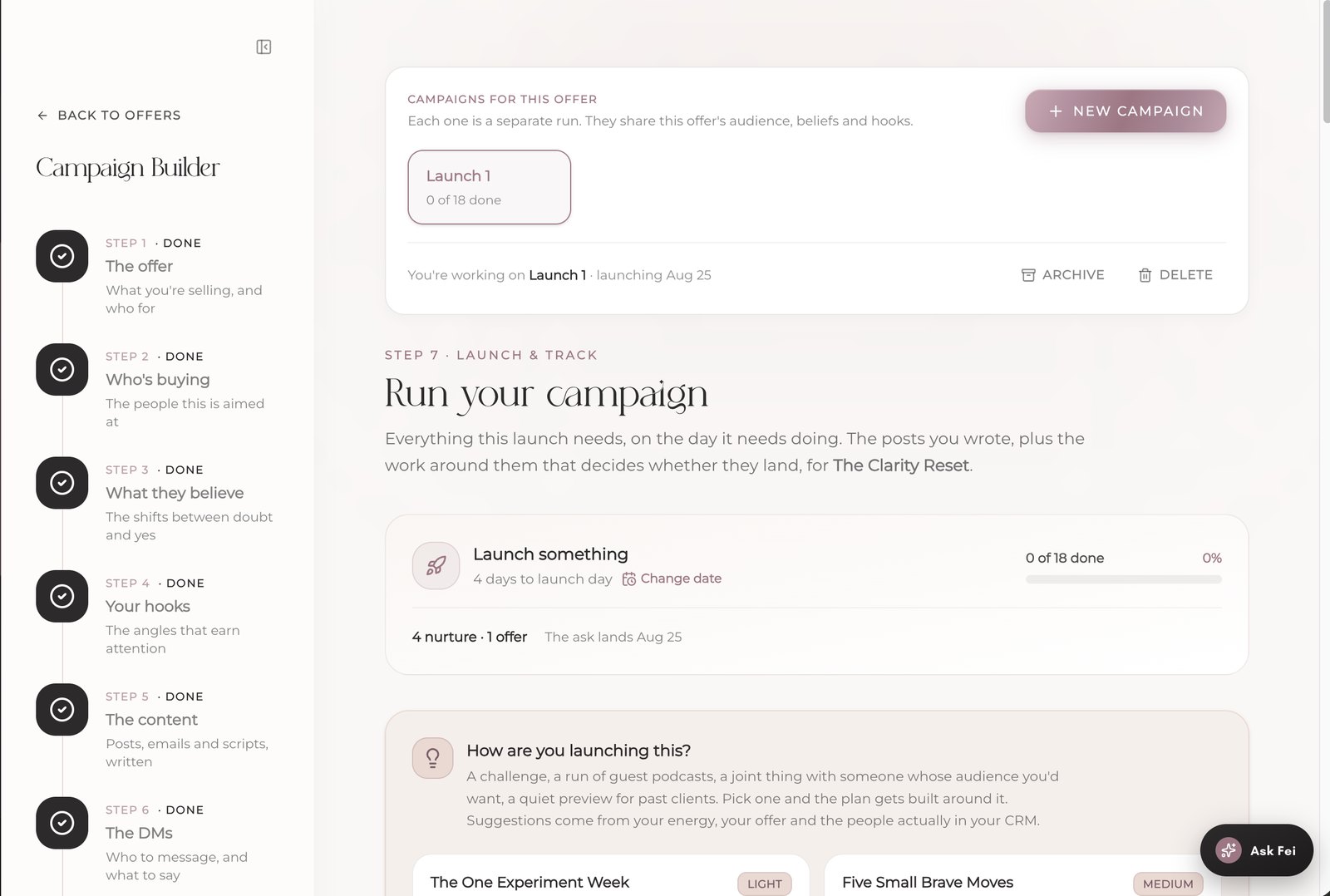 Campaign Builder, showing its seven steps completed and a launch plan with dated posts and a progress count