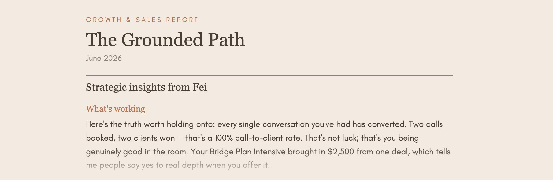 A growth report email headed The Grounded Path, June 2026, with a section of strategic insights written by Fei