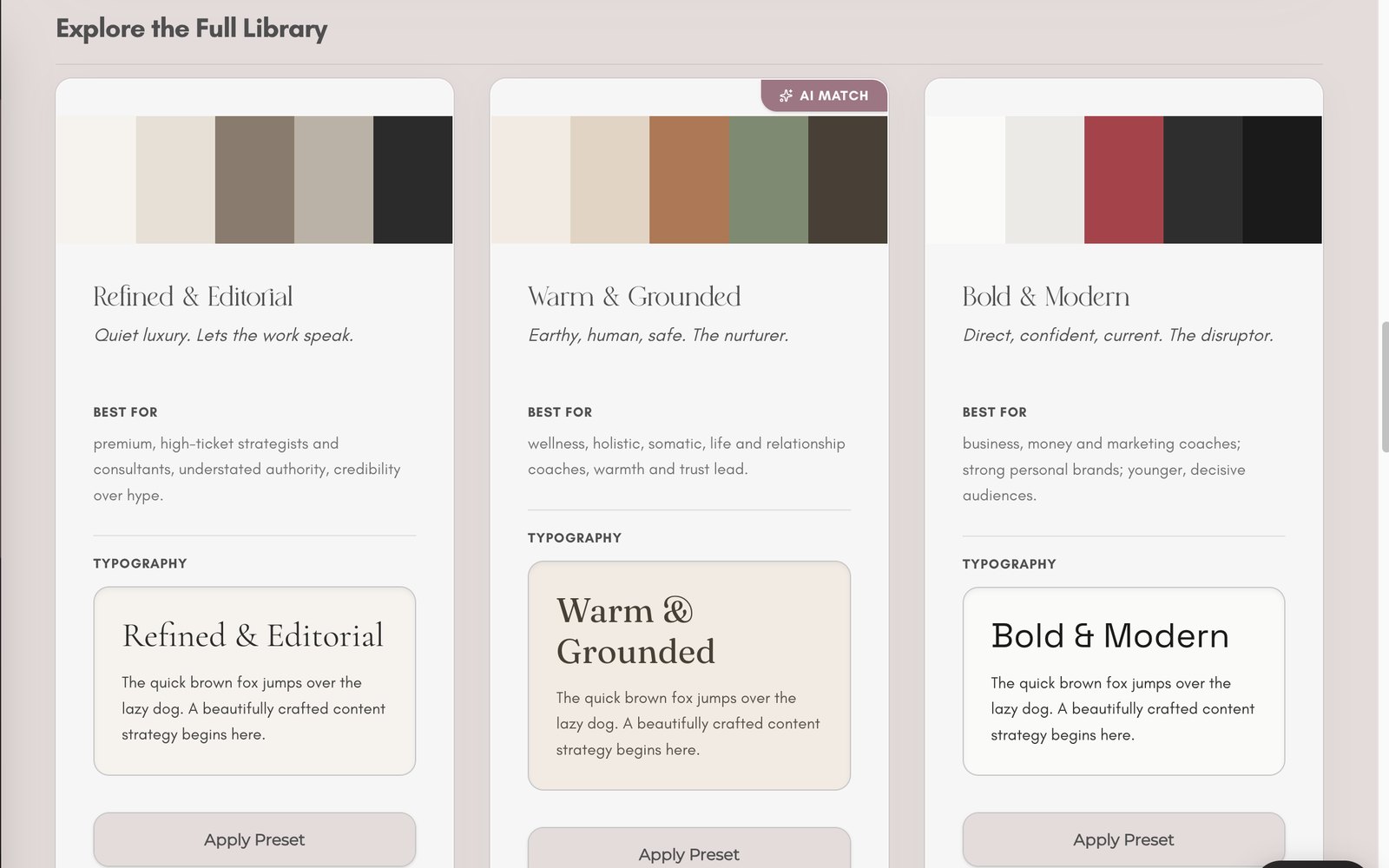 The Brand Presets library, showing three visual directions with palettes, who each suits, and a type specimen