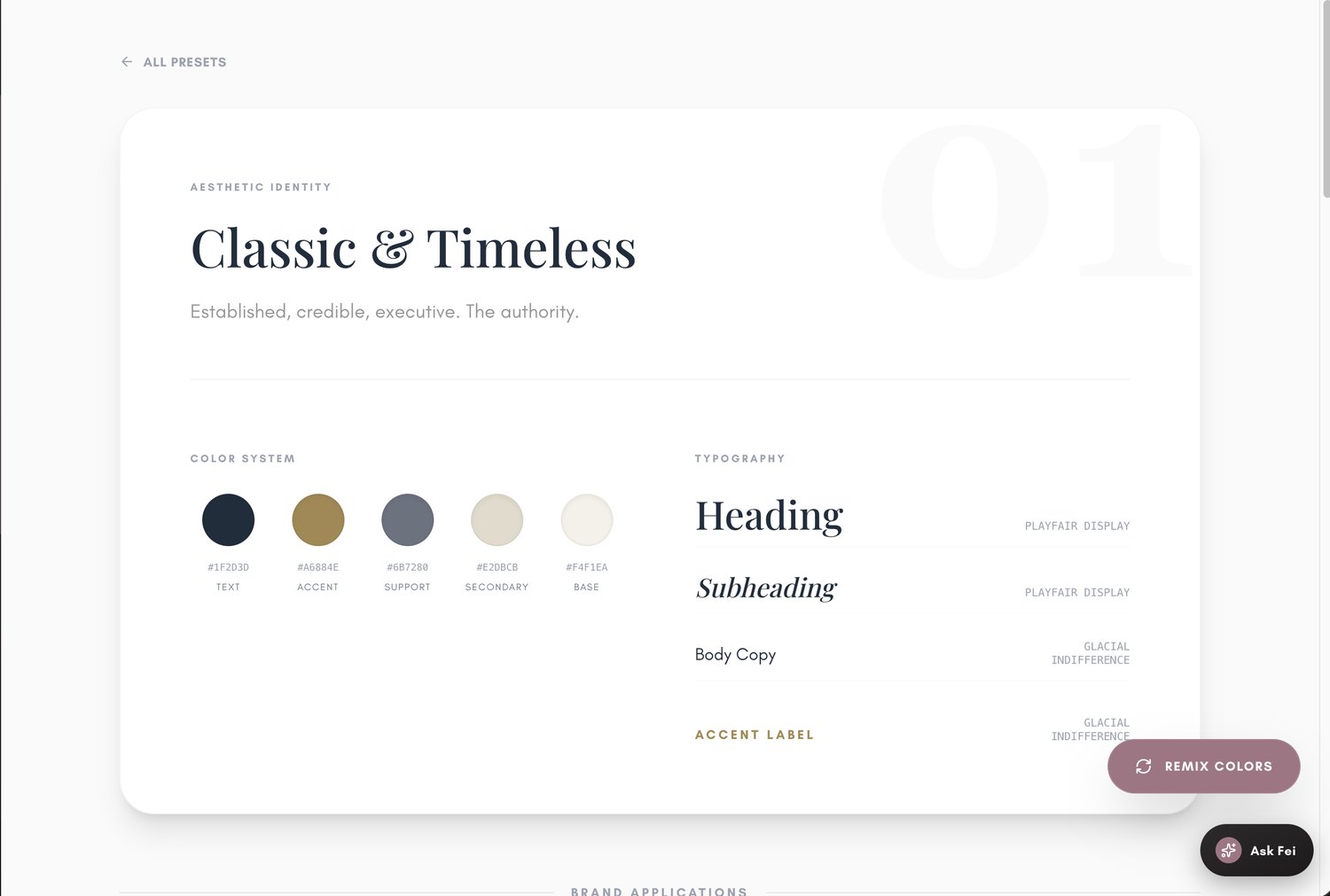 A brand preset in the platform, showing the colour system with hex codes and roles, and the typography specification
