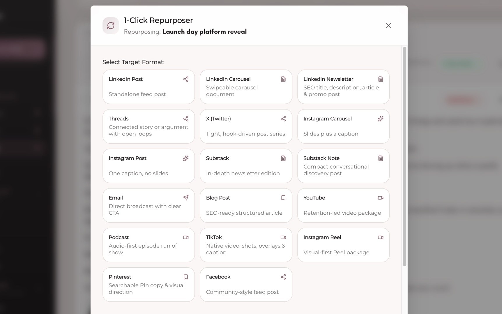 The 1-Click Repurposer, showing seventeen target formats for one piece of content