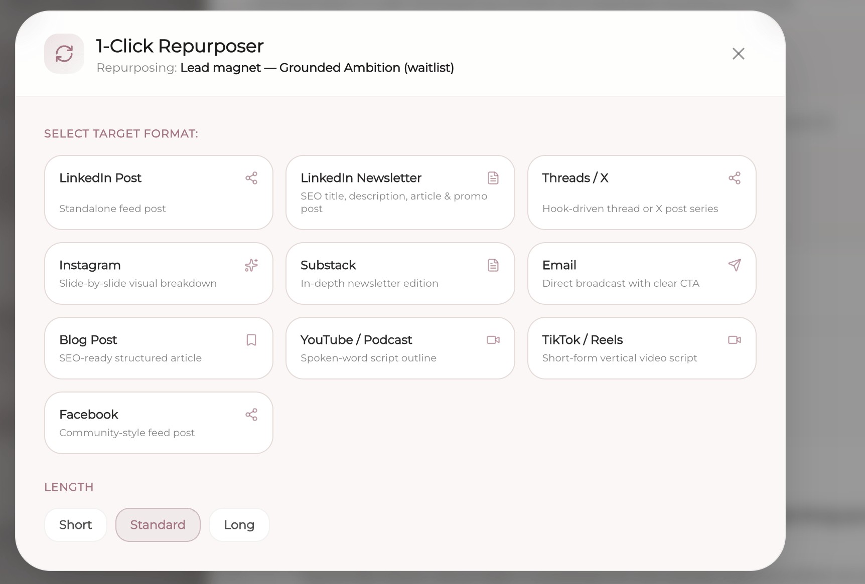 The 1-Click Repurposer — ten target formats for one piece of content