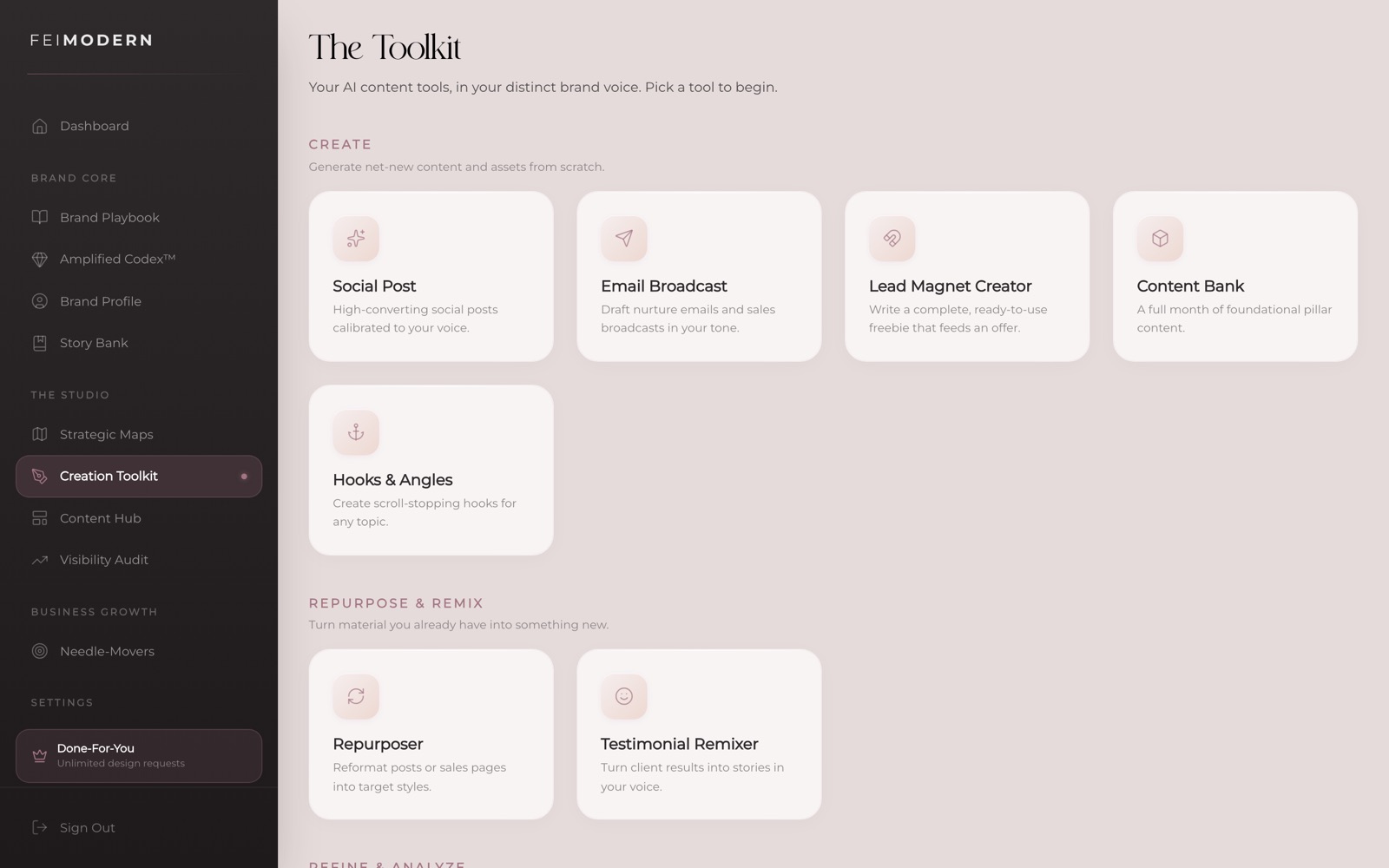 The Creation Toolkit — generators grouped into Create, Repurpose and Remix, and Refine and Analyze